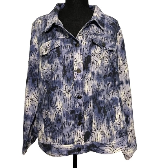 CJ Banks Tie-Dye Polka Dot Denim Jacket X | Women’s Lightweight Jean Jacket - Picture 1 of 6